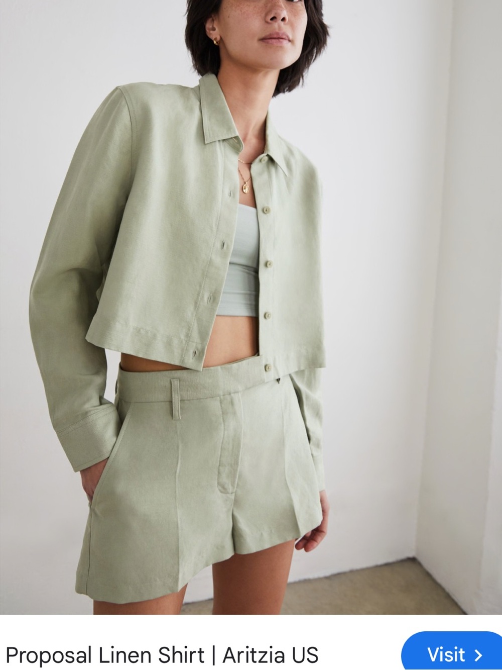 Wilfred Sage Green Linen Shorts with Matching Crop Shirt Set Size XS